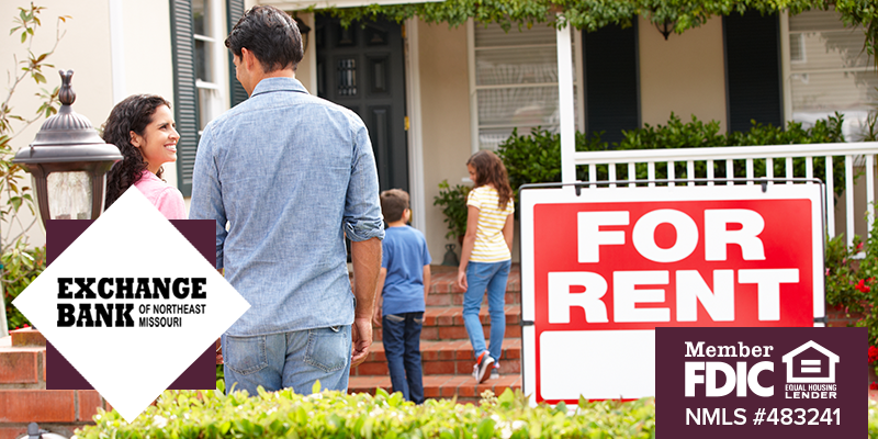 Family in front of home with a For Rent sign in the front yard